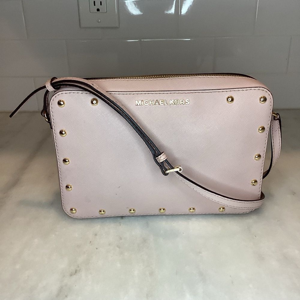 Michael Kors Bag Purse Handbag Leather Pocketbook Pink Stud Saffiano Crossbody